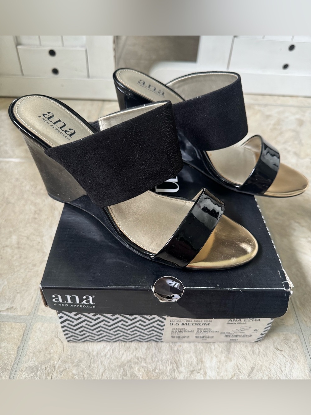 a.n.a Black Patent and Suede Wedge Slide Sandals